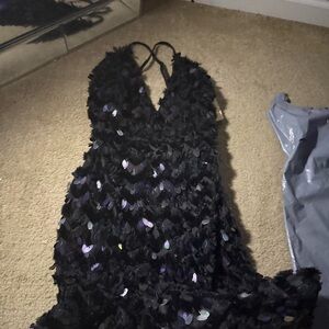 Black Sequin Feather Evening Dress